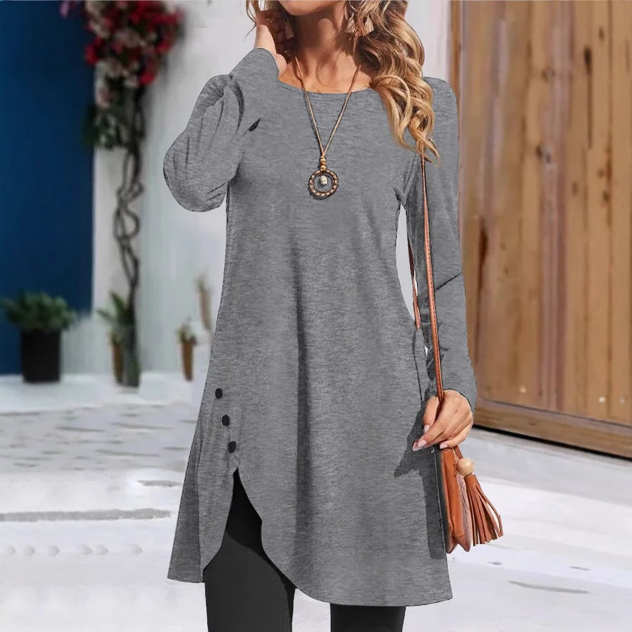 Women's Round Neck Solid Color Long Sleeve Dress