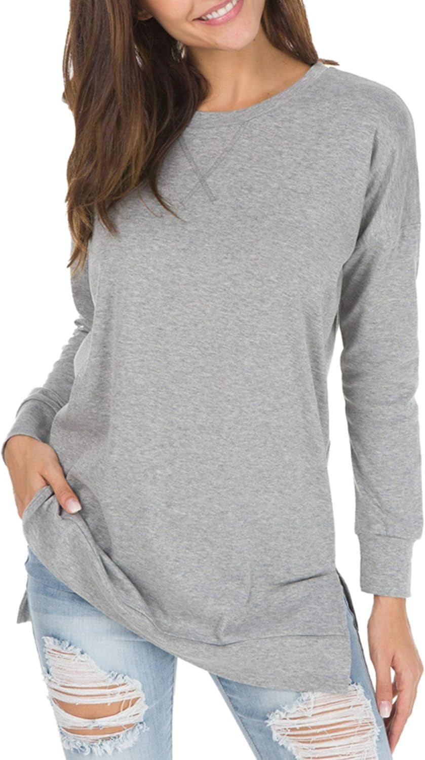 Women's Popular Slit Loose Round Neck Long Blouses