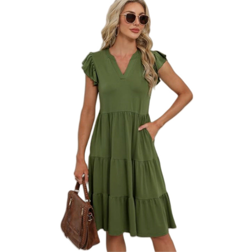 Women's Collar Ruffle Sleeve Mid-length Stitching Big Swing Dress