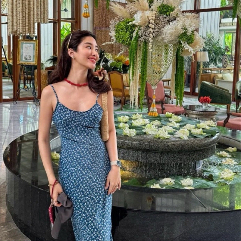 Flower Low-cut Mid-length Slim Fit Backless Dresses