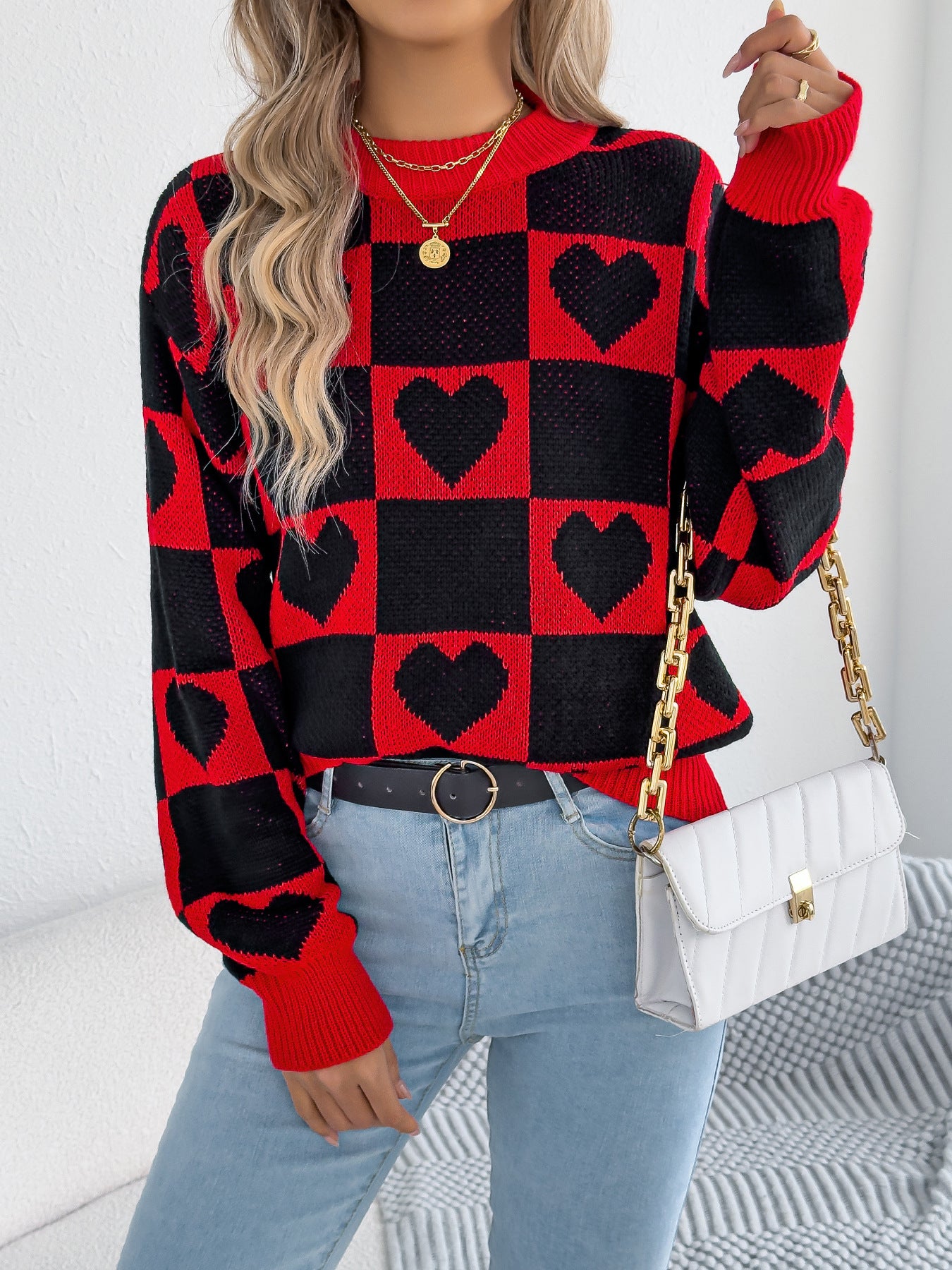 Women's Check Love Lantern Sleeve Pullover Valentine's Sweater