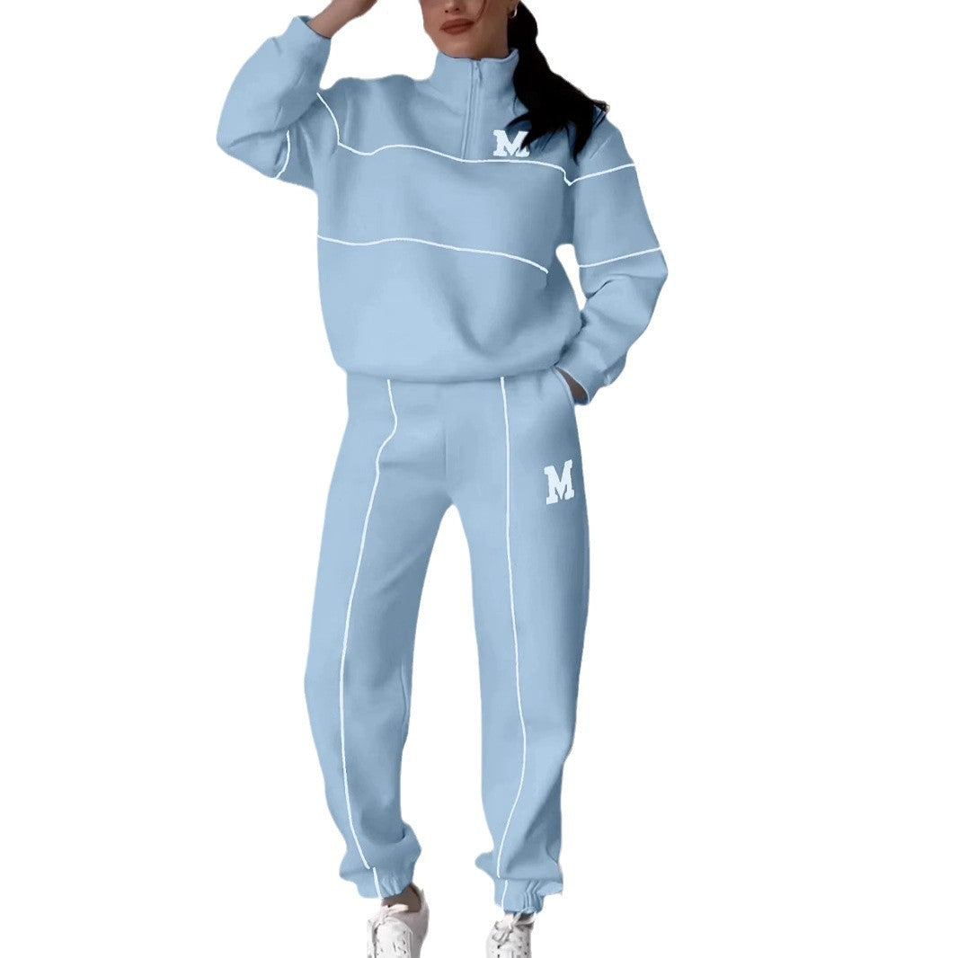 Women's Letter Heat Transfer Patch Long Sleeve Trousers Zipper Suits