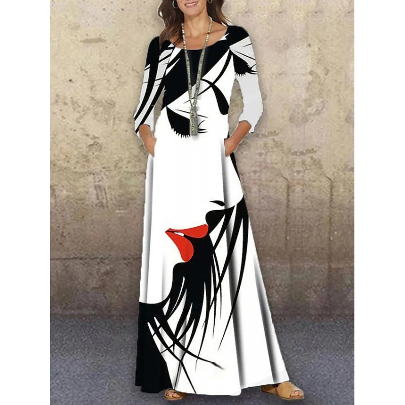 Women's Knitted Long Sleeve Dress Floral Print Clothing