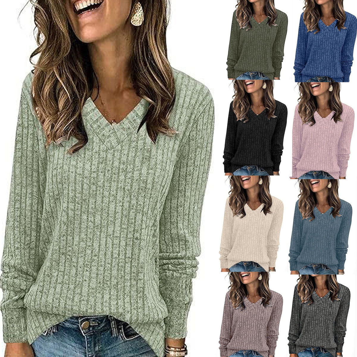Women's Sunken Stripe Long-sleeved Solid Color Brushed Women's Sweater