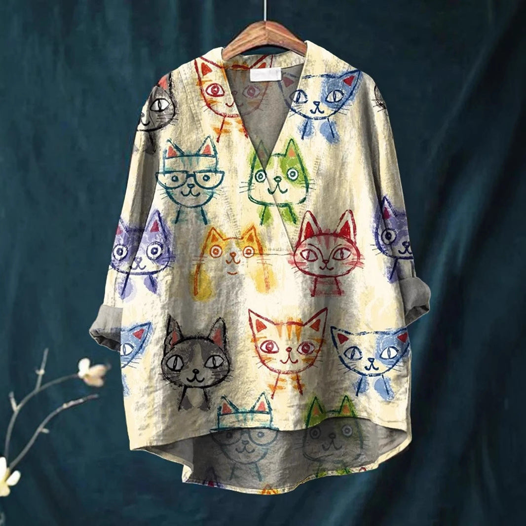 Women's Loose Printed Shirt For Long Sleeve Blouses