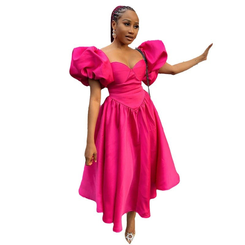 Women's Puff Sleeve Solid Color Waist Tight Dresses