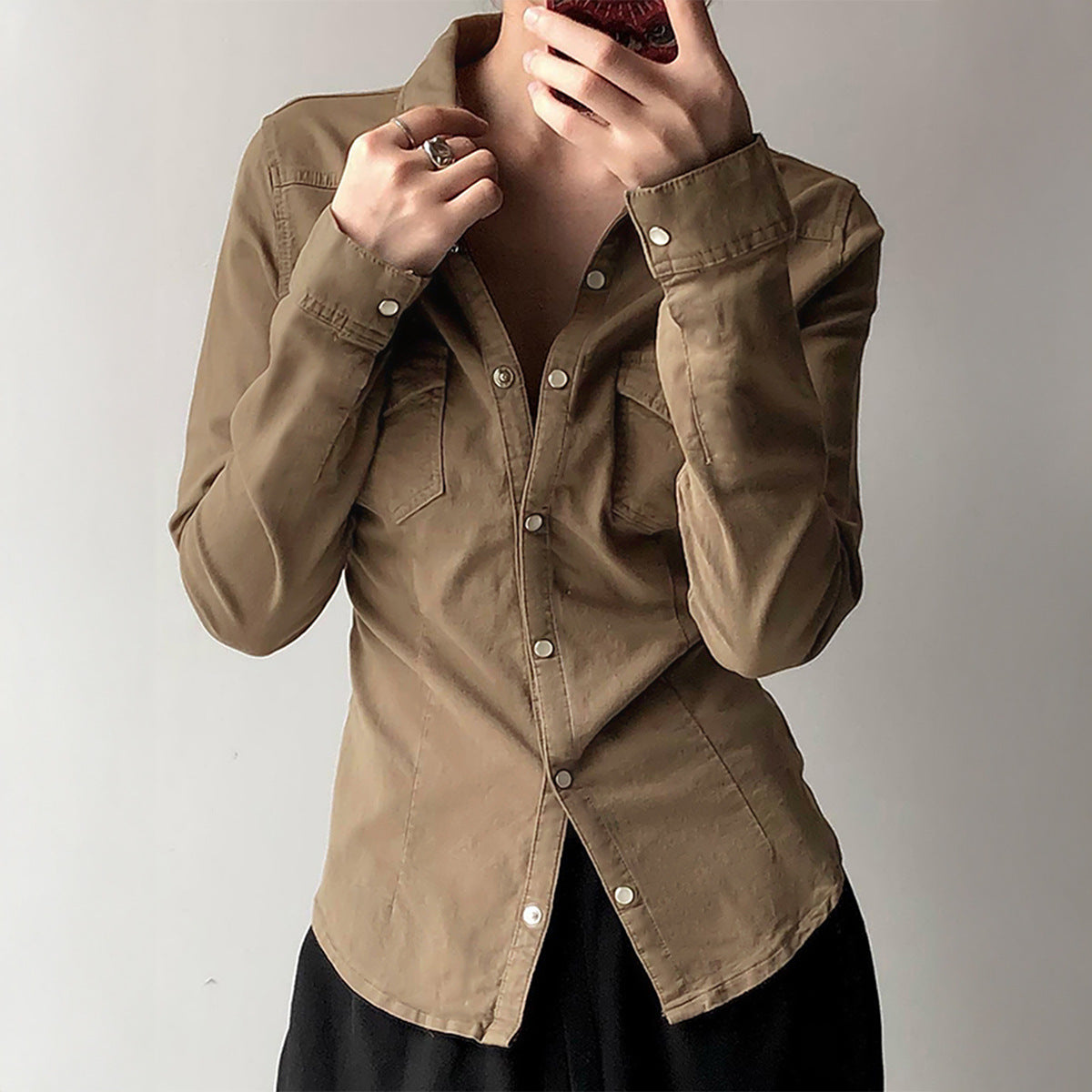 Women's Fashionable Simple Solid Color Long-sleeved Shirt Blouses