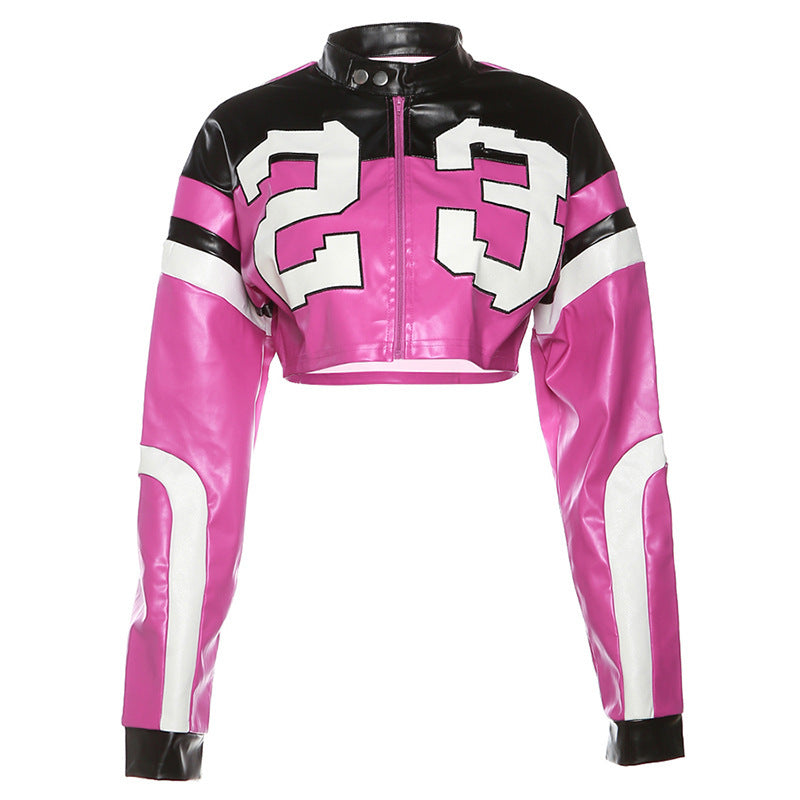 Women's Motorcycle Contrast Color Embroidery Stitching Slim Jackets