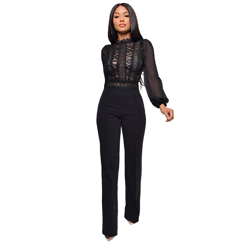 Women's High Waist Straight Turtleneck Lace Long-sleeved Jumpsuits