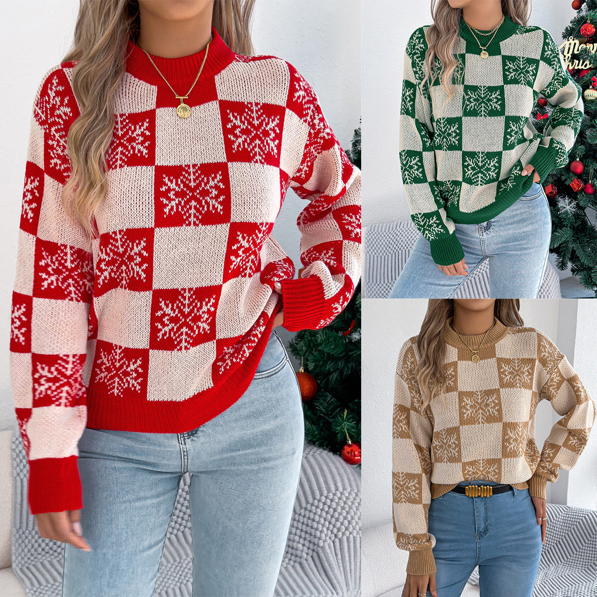 Women's Snowflake Plaid Lantern Long Sleeve Pullover Sweater