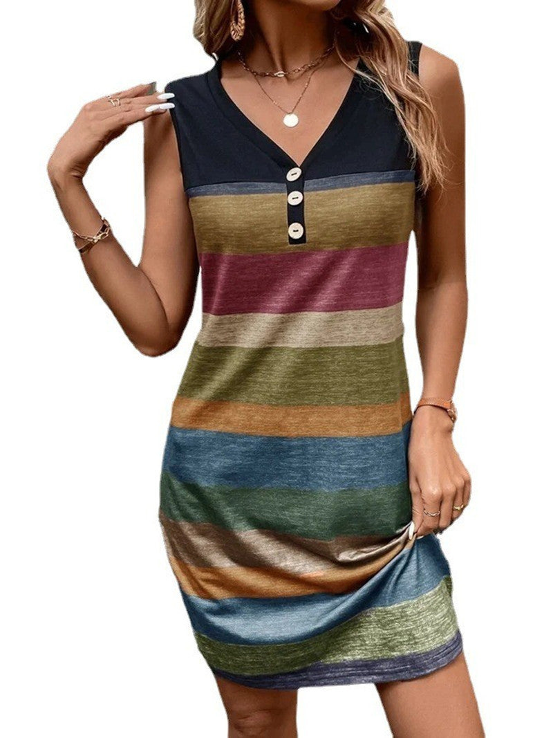 New Striped Printed Button Loose Long Dress