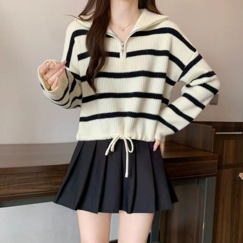 Women's Loose Half Zipper Lapel Striped Outer Wear Shorts