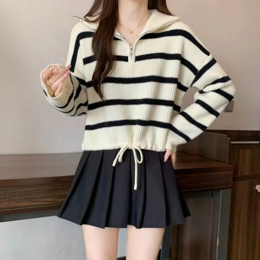 Women's Loose Half Zipper Lapel Striped Outer Wear Shorts