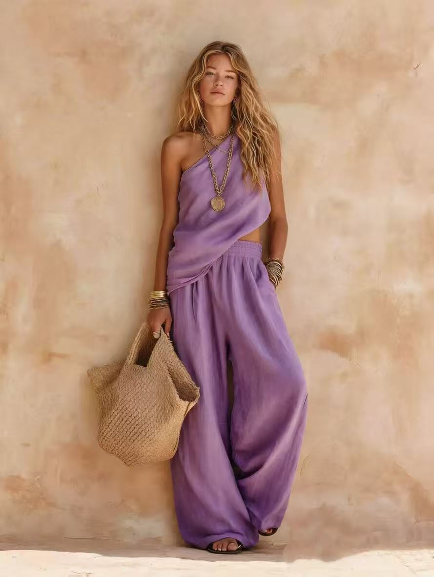 Women's Solid Color Cotton Linen One Shoulder Sleeveless Fashion Casual Suit