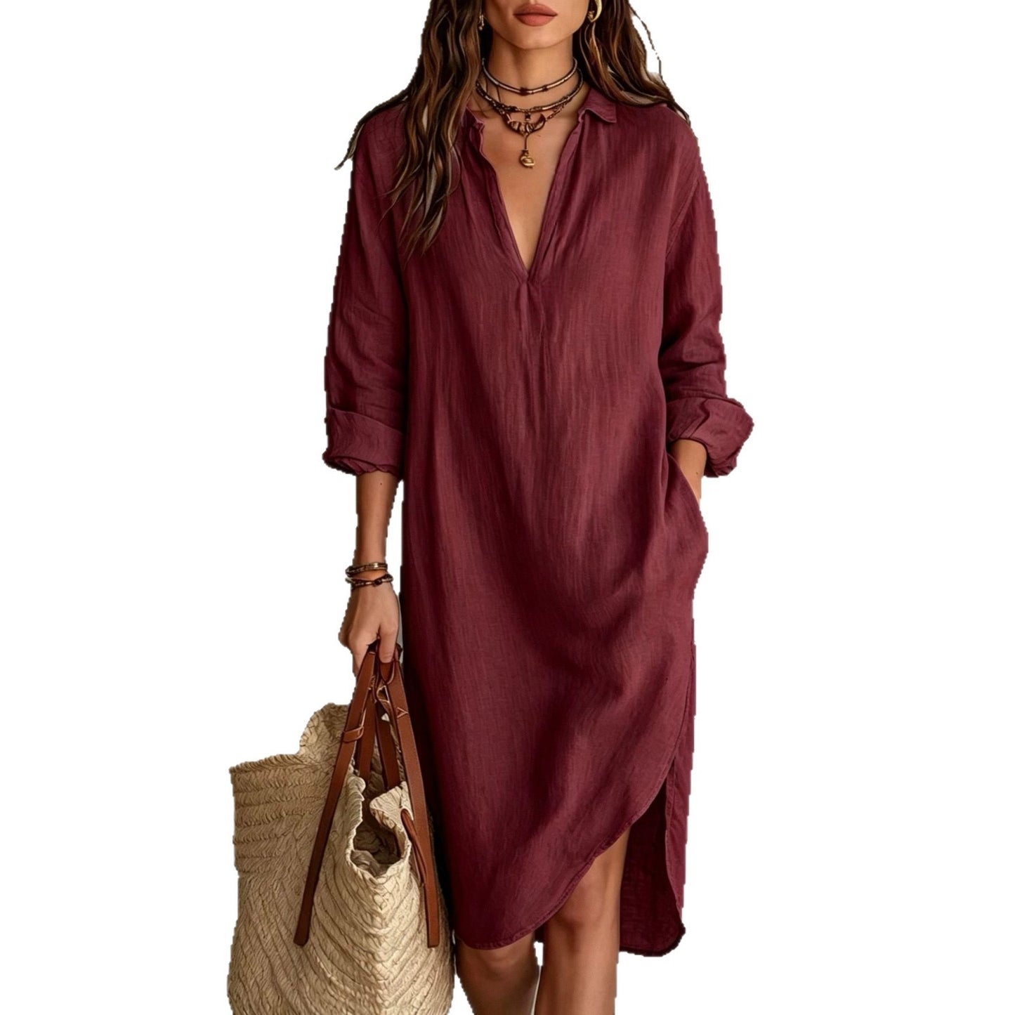 Fashion Shirt Loose Mid-length Slit Idle Style Seaside Dress