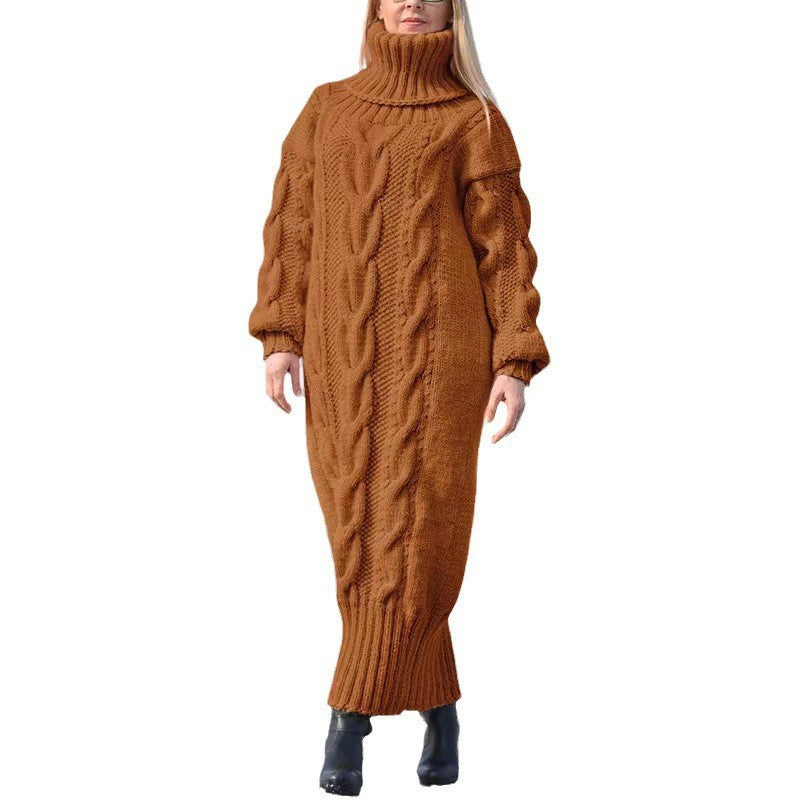 Women's Long High Collar Loose Twist Solid Knitwear