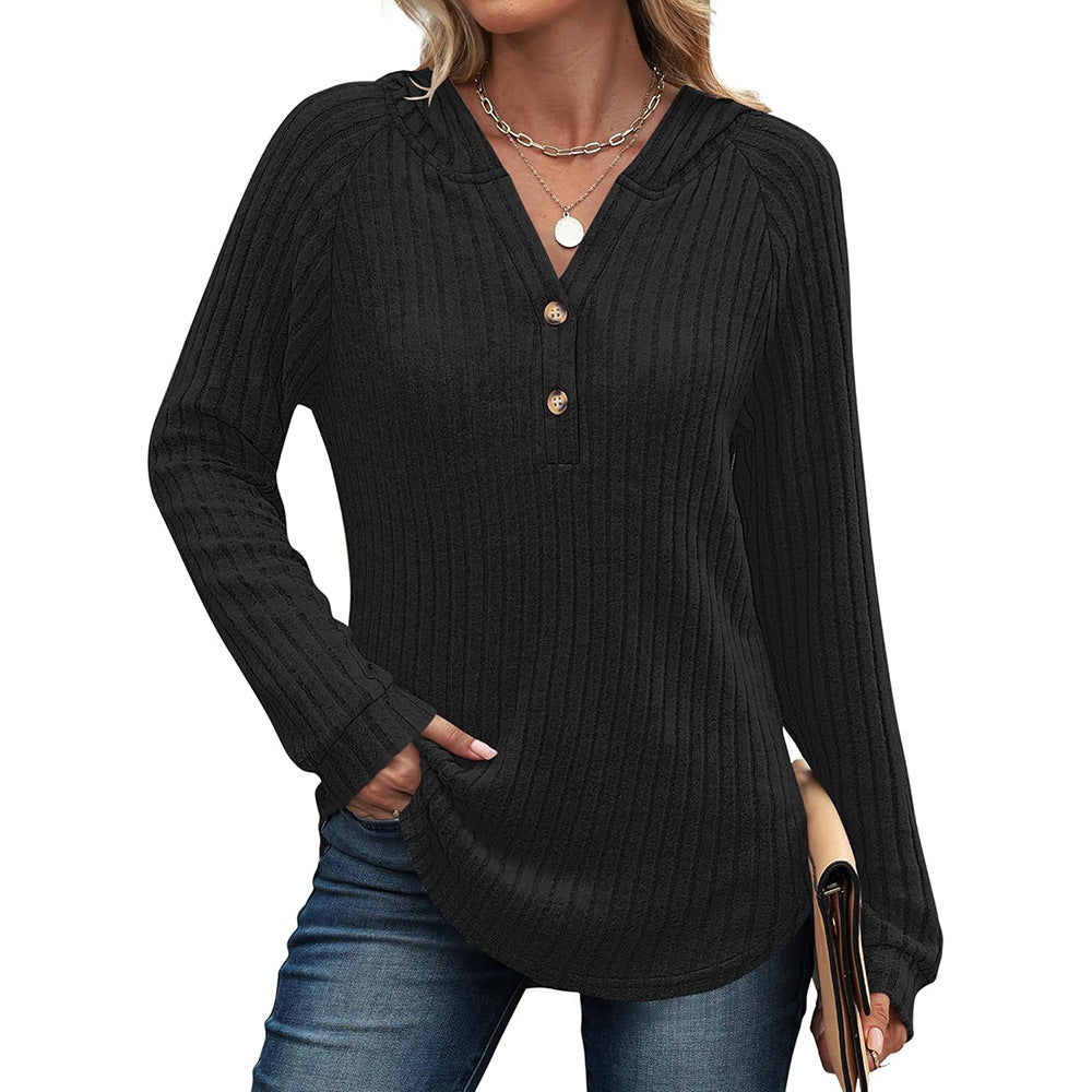 Solid Color Button Loose Hooded Fleece Women's Sweater