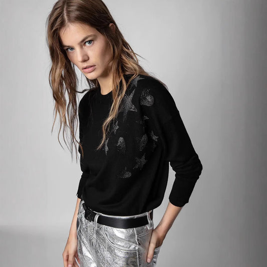 Women's French Niche Stars Heart Rhinestone Black Sweaters