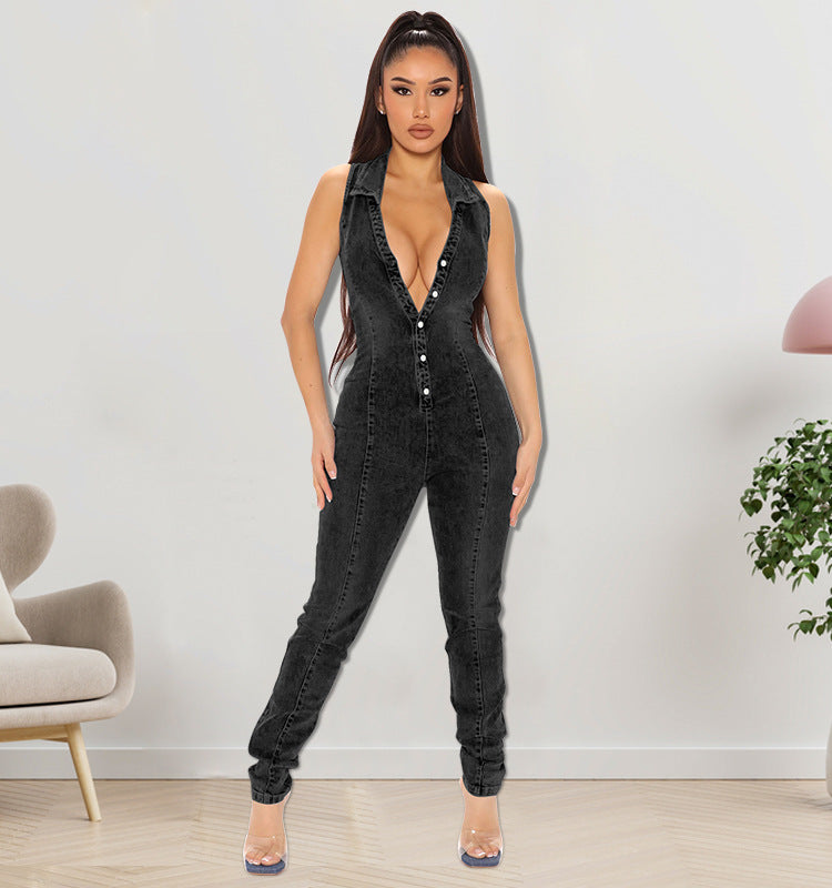 Summer Sleeveless Open Chest Wash Denim Jumpsuits
