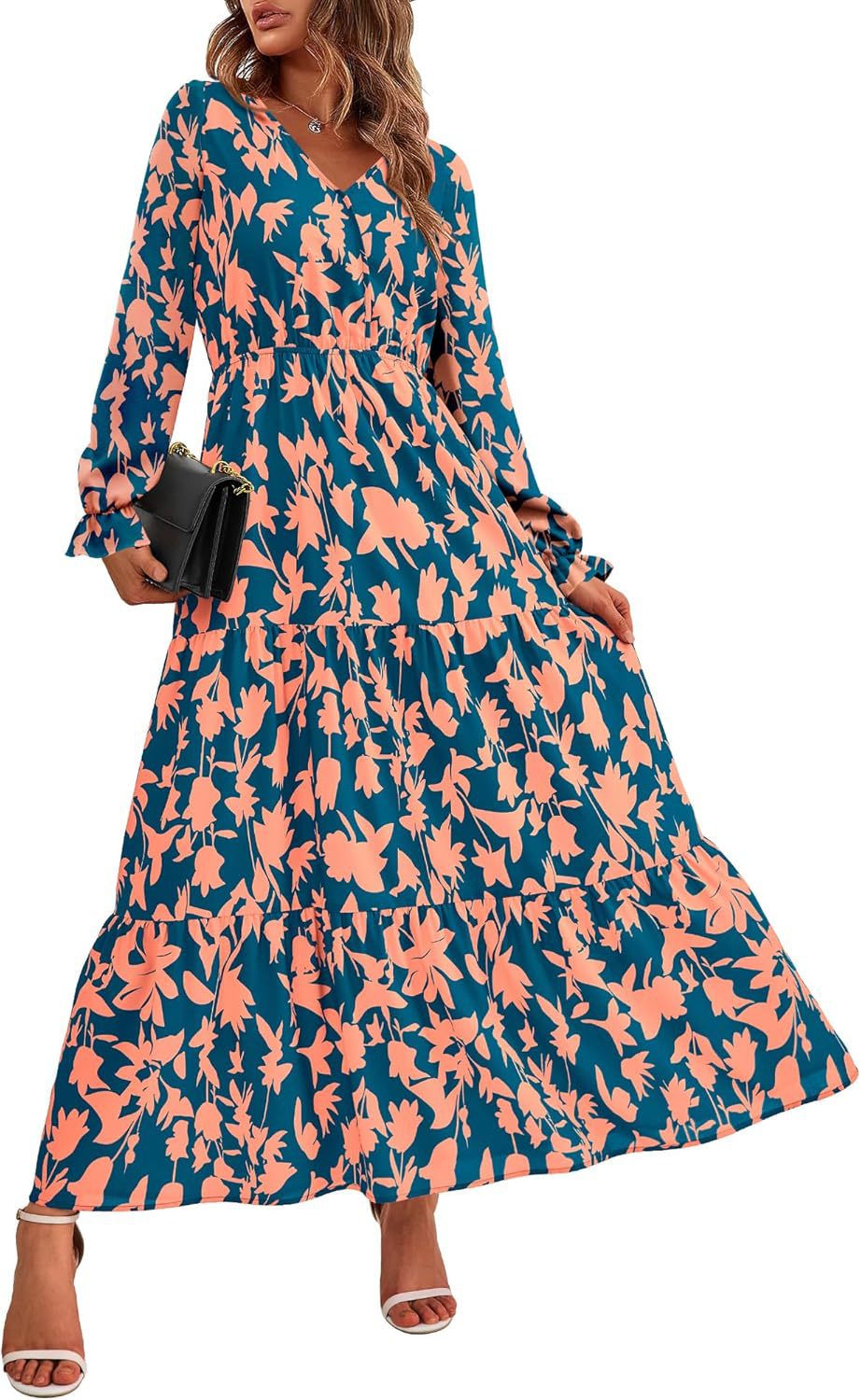 Women's Collar Elastic Waist Printed Casual Long Dresses