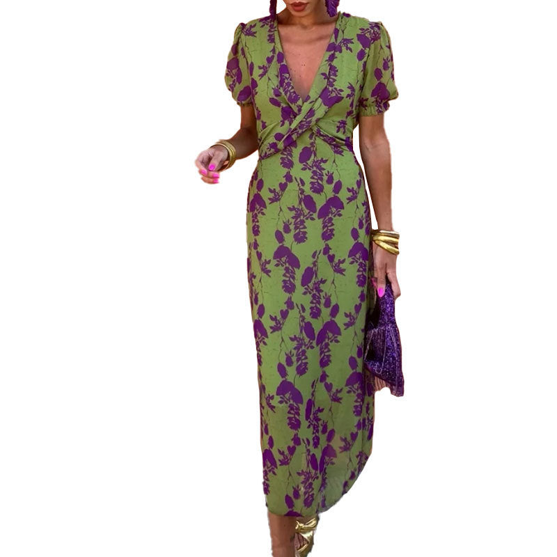 Women's Color Contrast Printed Long Dress Elegant Dresses