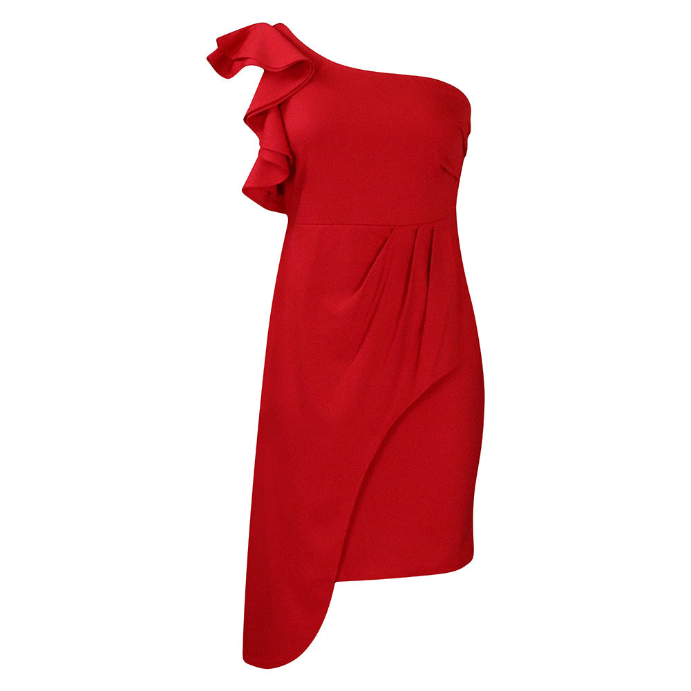 Women's Fashion Diagonal Collar Ruffled Sheath Temperament Ol Pencil Dress