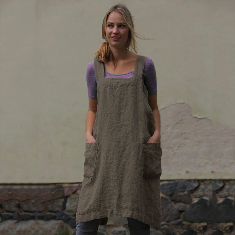 Women's Cotton Linen Apron Home Wear Gardening Dress