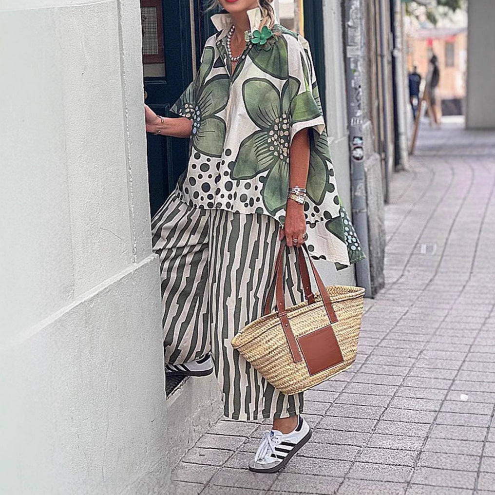 Women's Summer Lapel Loose Flower Print Set Fashion Casual Suit