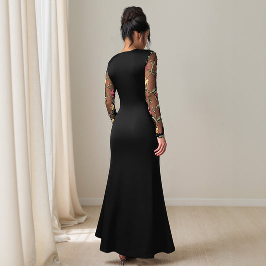 Women's Neck Mesh Embroidery Stitching Long Sleeve Dresses