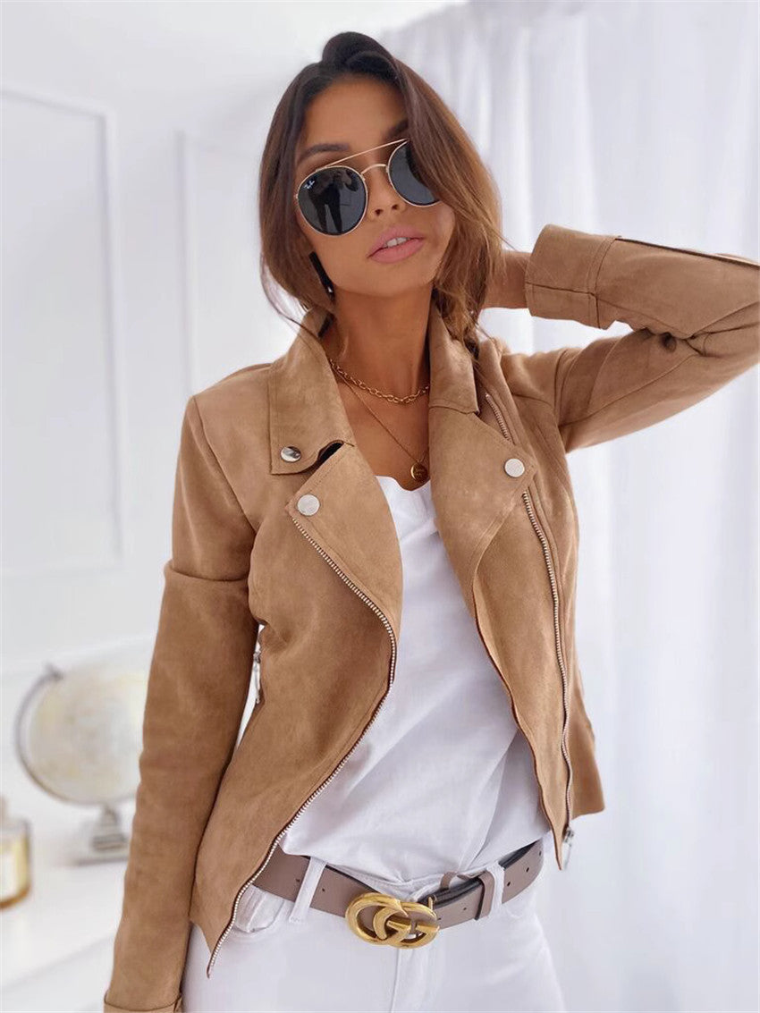 Women's Zip Suede Polo Collar Solid Color Coats