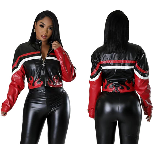 Women's Embroidered Flame Stitching Locomotive Leather With Jackets