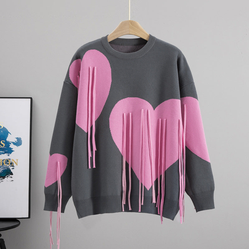 Women's Soft Round Neck Tassel Love Loose Lazy Sweater