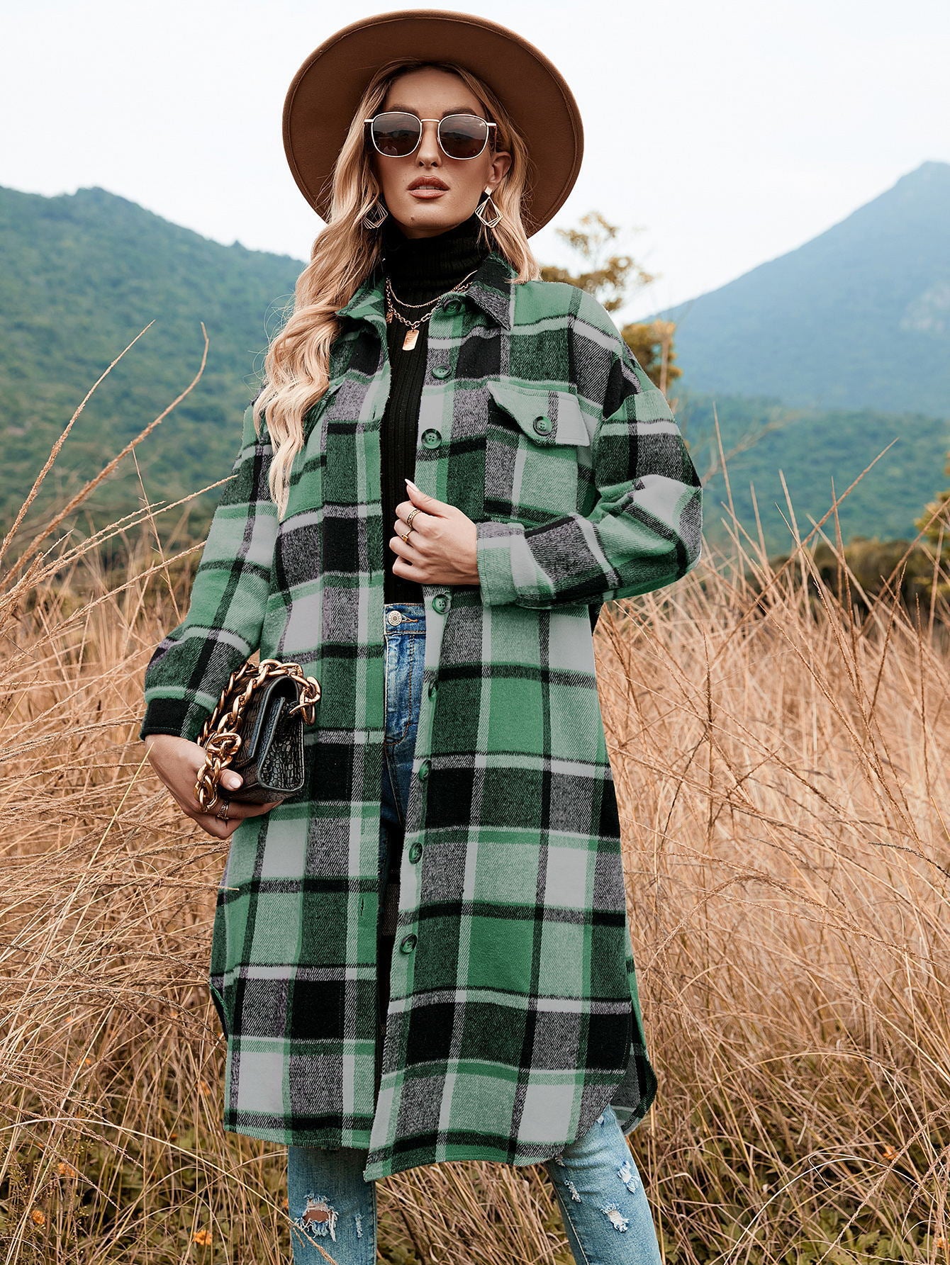 Women's Elegant Long Trench Lapel Pocket Plaid Coats