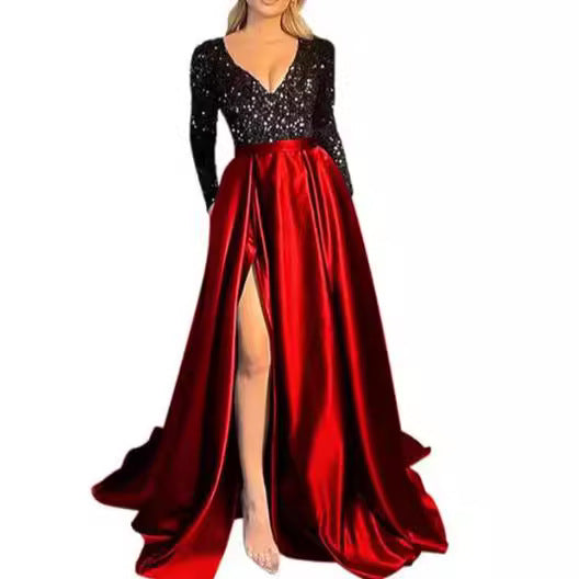 Long Sleeve Sequin Swing Sequined Split Dresses