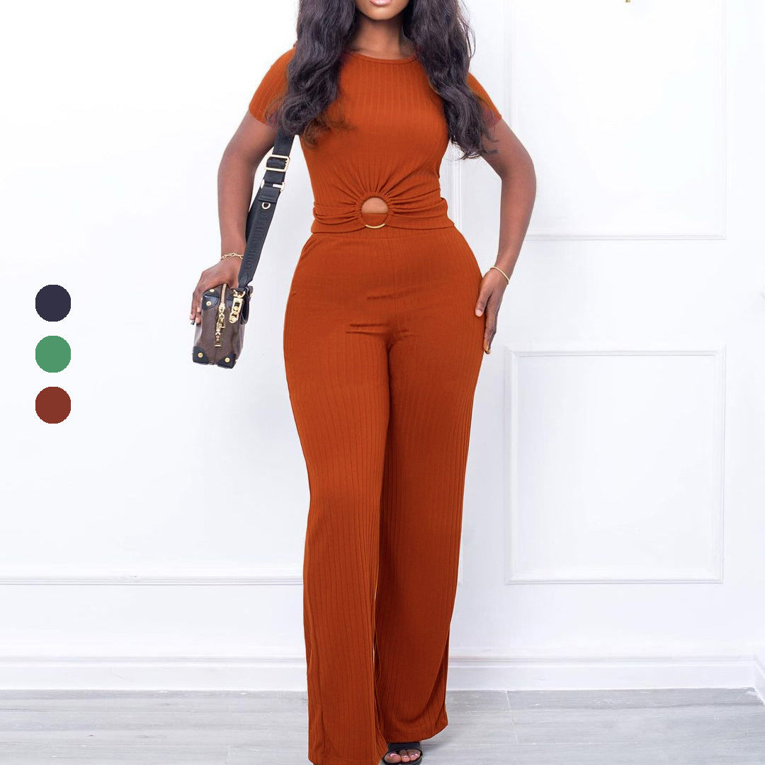 Summer Solid Color Rib Fabric Set Fashion Casual Suit