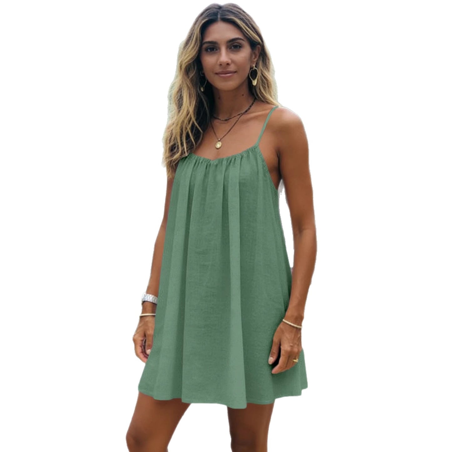 Women's Ice Silk Wrinkle Solid Color Pleating Backless Dress