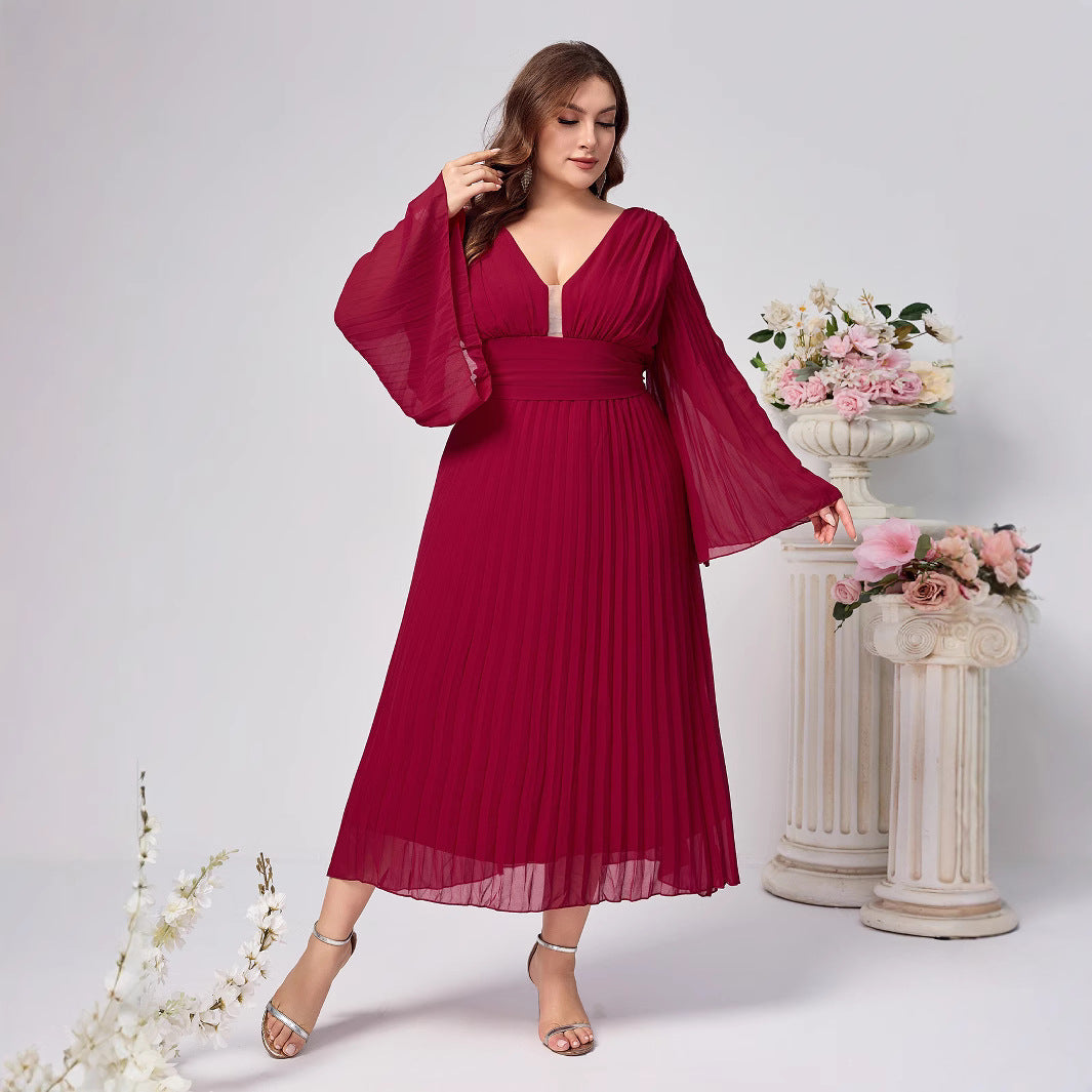 Women's Dress Sexy Pleated Long Sleeve Chiffon Plus Size