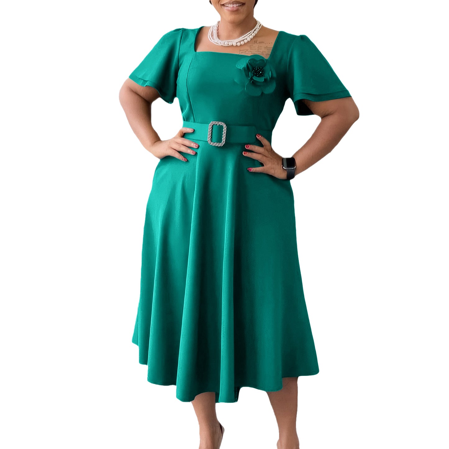 Women's Female Fashion Square Collar Solid Color Dresses