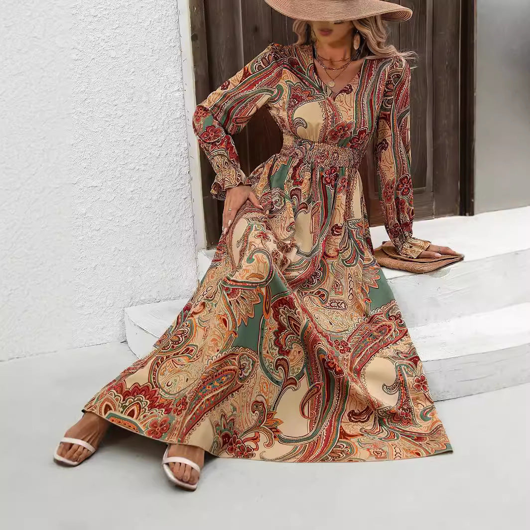 Women's Autumn Printed Fashionable Long Sleeve Big Dress