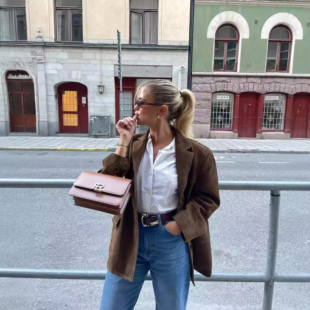 Classy Red Suede Retro Loose Lapels Jackets