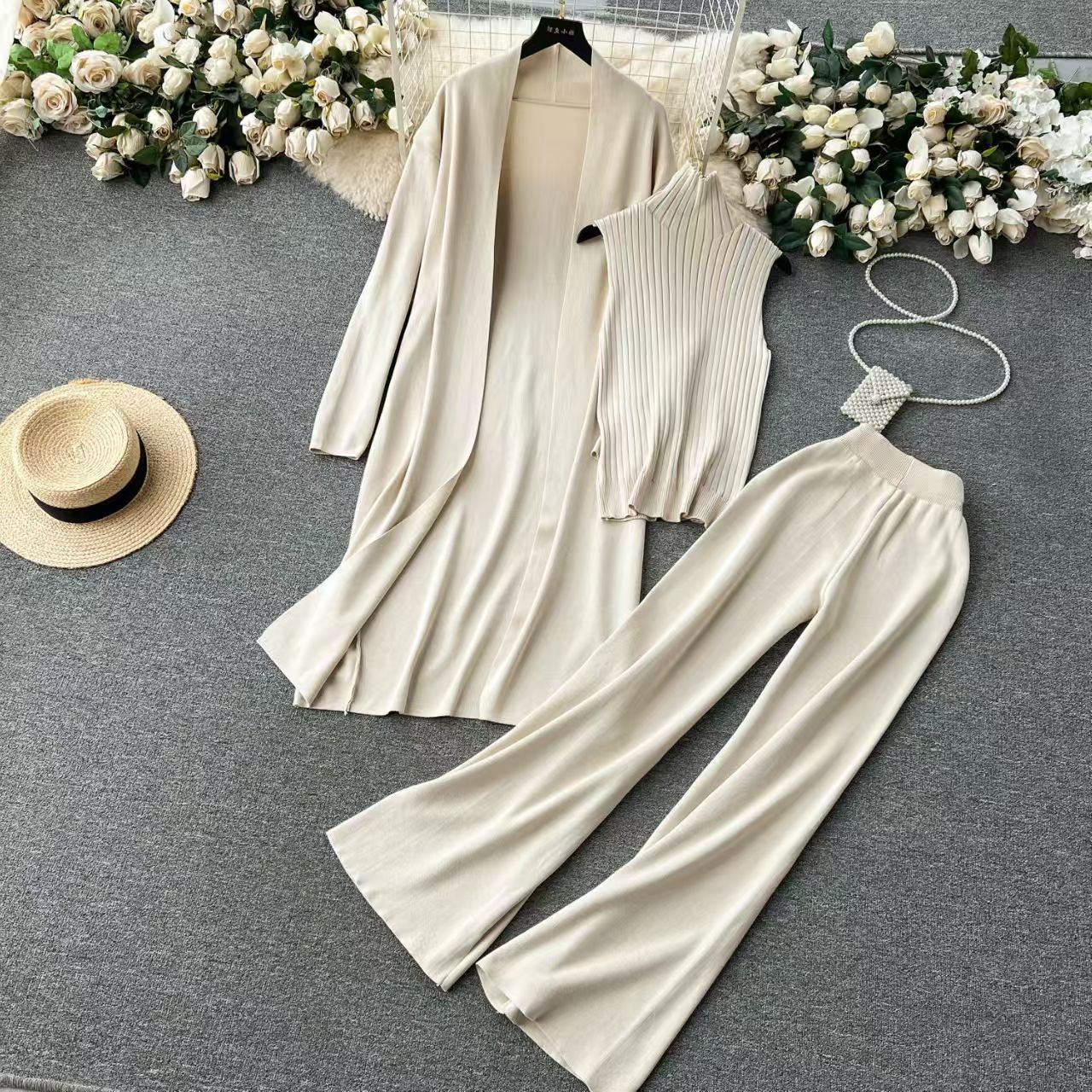 Women's Western Style Solid Color Inverness Collar Bottoming Wide Leg Trousers Sweaters