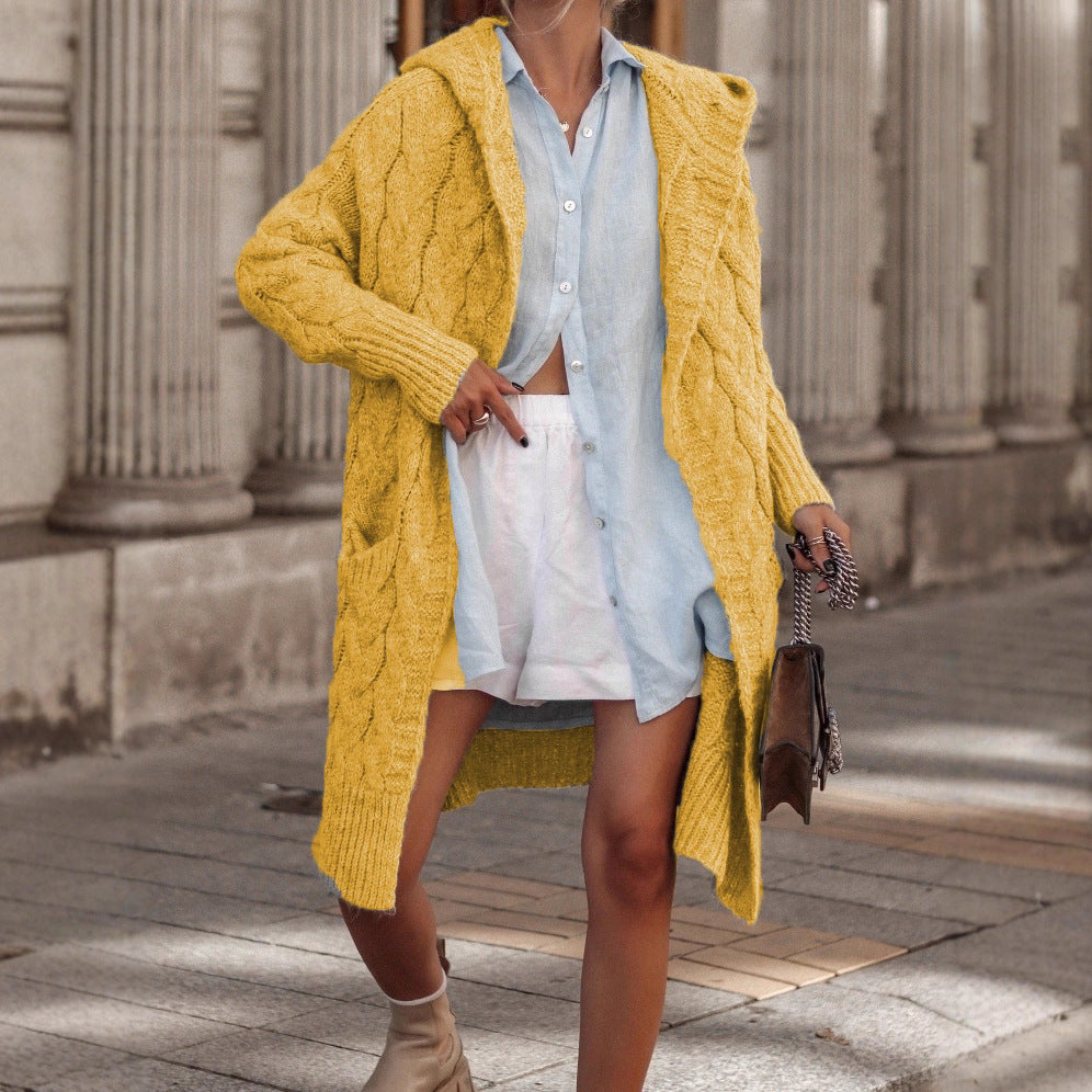 Women's Long Hooded Double Pocket Twist Knitwear