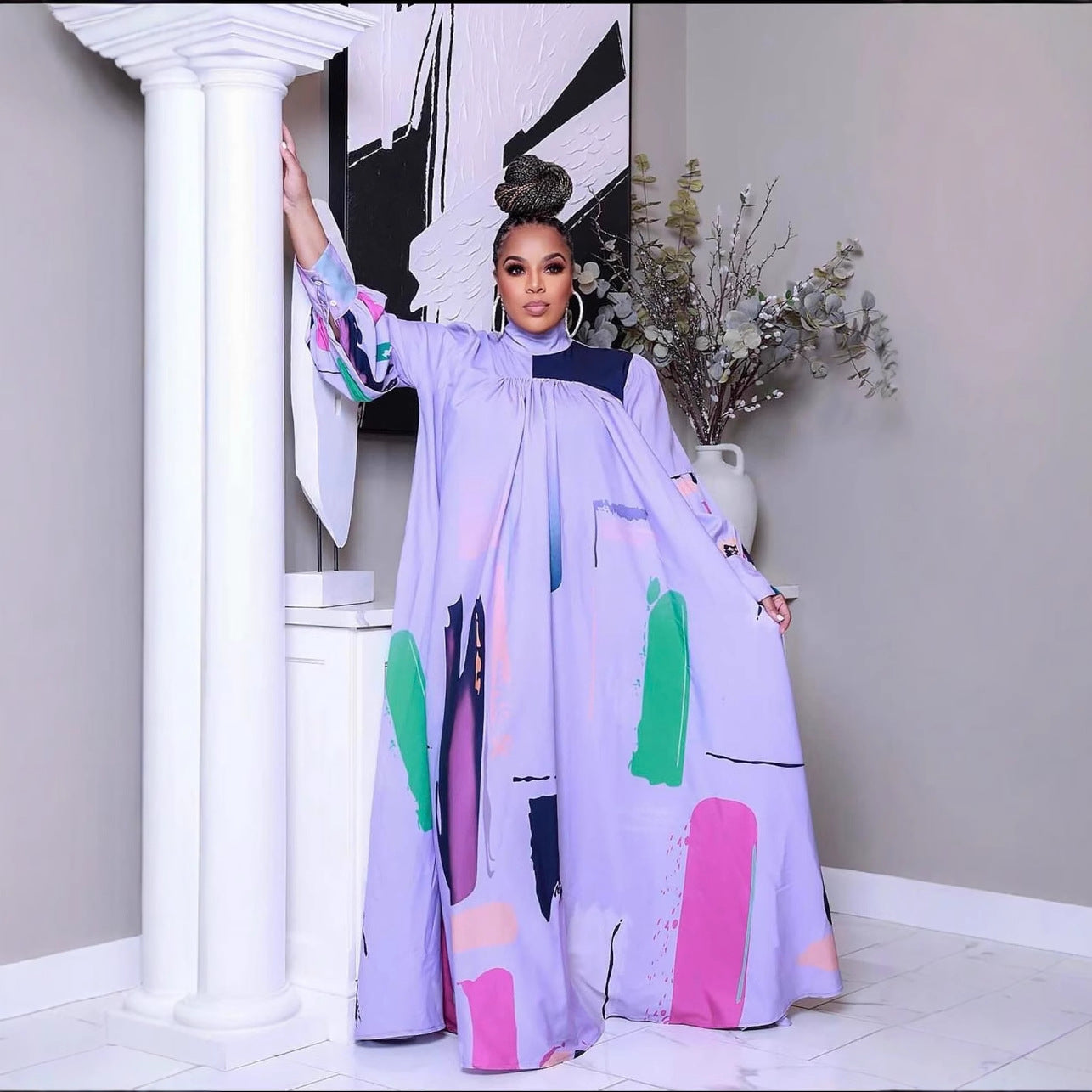 Women's Autumn Long Dress Printed Sleeve Swing Dresses