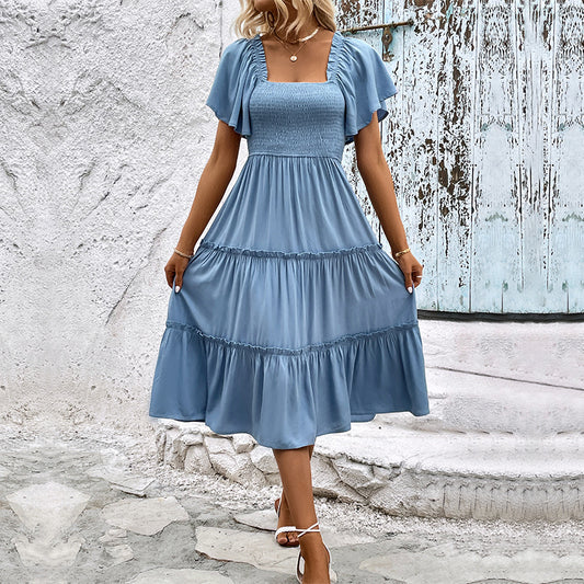 Holiday Trend Mid-length Ruffle Sleeve Solid Dresses