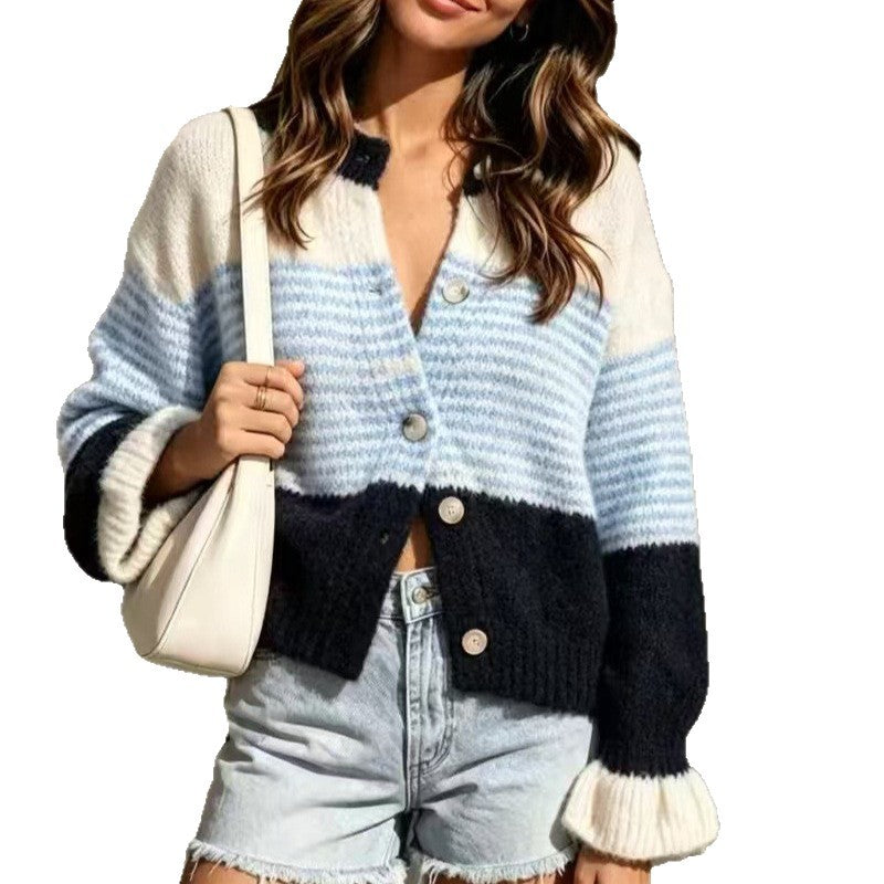 Color Stitching Knitted Outer Wear Single-breasted Tops