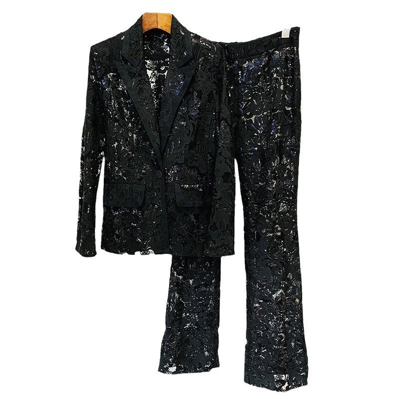 Mesh Embroidered Sequined Trousers Two-piece Set Fashion Casual Suit