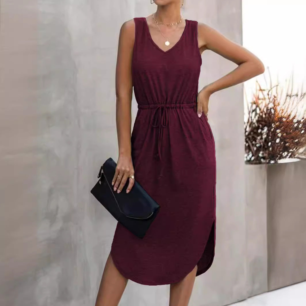 Women's Solid Color Irregular Cinched Round Neck Dress