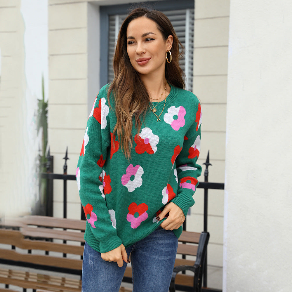 Women's Large Flower Color Matching Long Sleeve Round Neck Fashion Sweaters