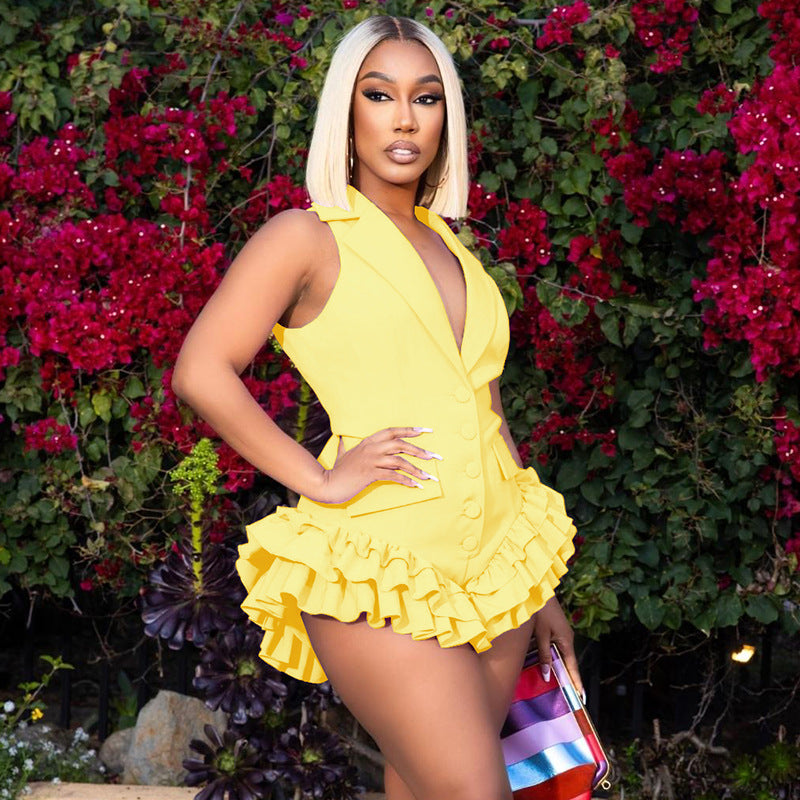 Women's Pure Desire Lapel Button Deep Sleeveless Shorts