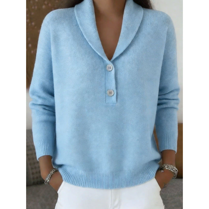 Women's Button Solid Color Collar Casual Fashion Sweater